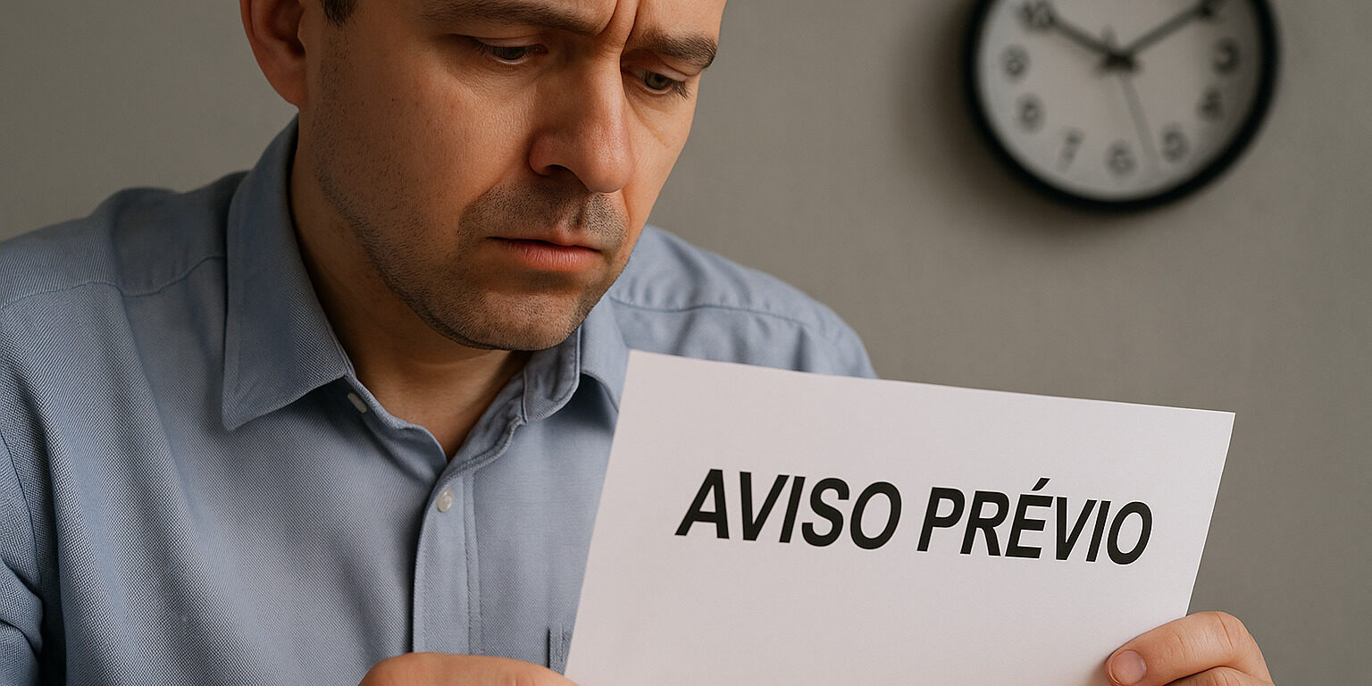 aviso-previo-trabalhado-ou-indenizado-direitos Trabalhador com expressão preocupada segurando documento com a frase ‘Aviso Prévio’, simbolizando dúvida sobre direitos na demissão