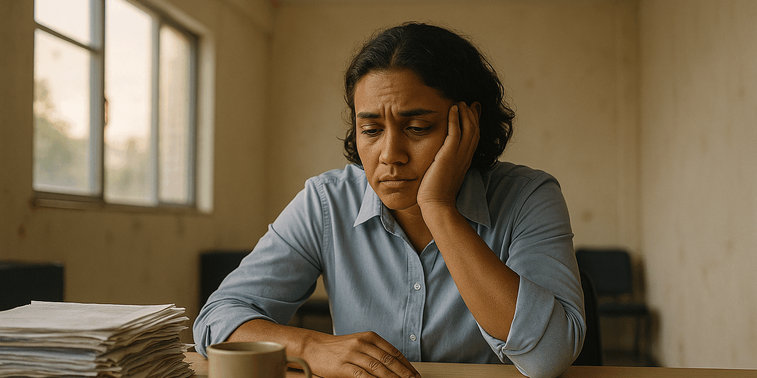 exploracao-no-trabalho-trabalhador-cansado Trabalhador brasileiro exausto em escritório simples, demonstrando sinais de exploração no trabalho e sobrecarga emocional.