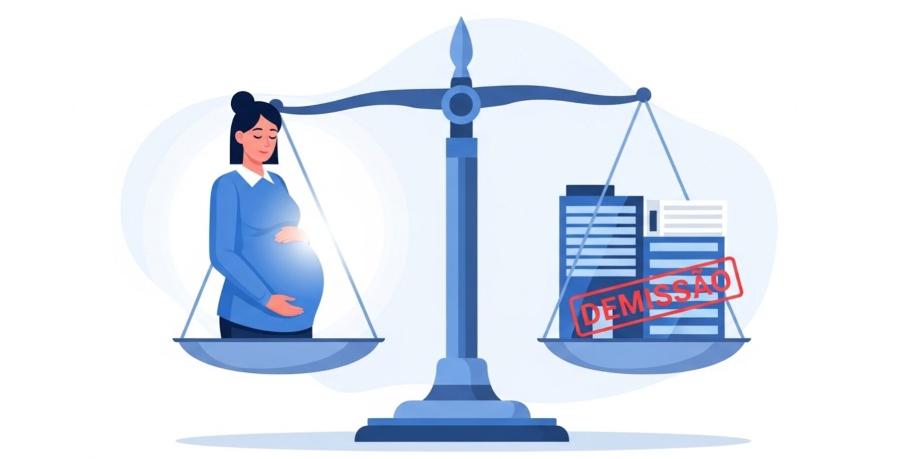 gravida-pode-ser-demitida-direitos-e-estabilidade 2 (1) Ilustração de uma balança da justiça equilibrando os direitos da gestante trabalhadora e a decisão de demissão, simbolizando proteção legal garantida por lei