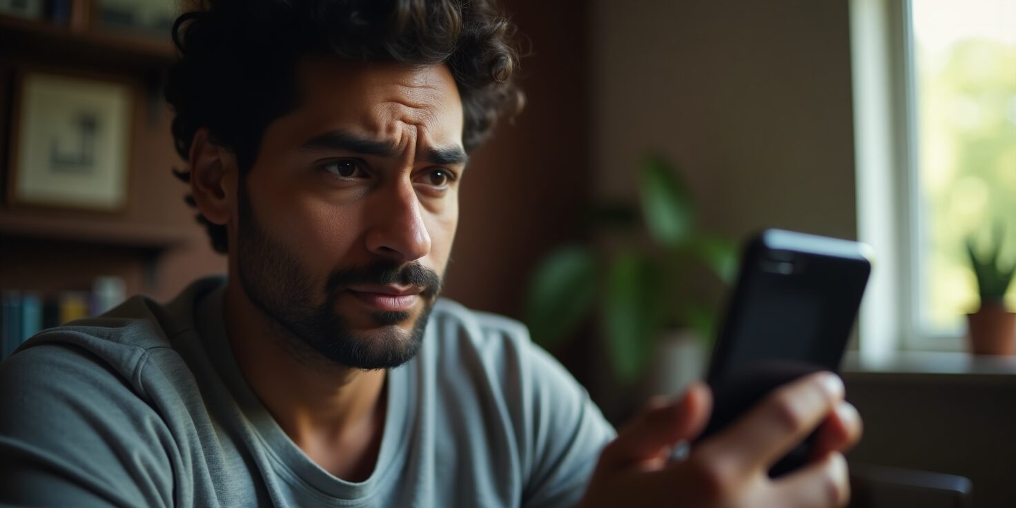 Trabalhador preocupado consultando extrato do FGTS no aplicativo Trabalhador preocupado consultando FGTS atrasado no celular