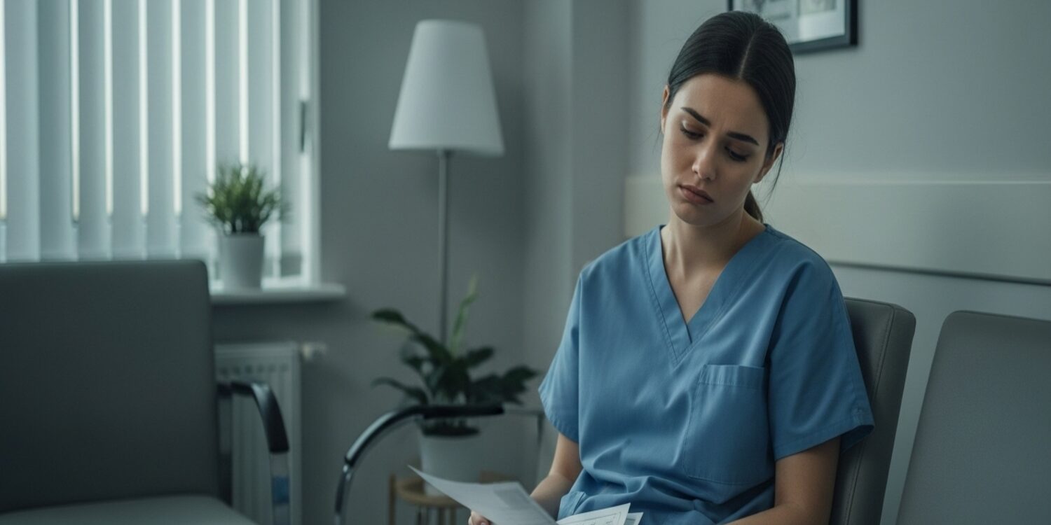 direitos-trabalhistas-aborto-espontaneo Trabalhadora segurando exame médico com expressão triste após aborto espontâneo
