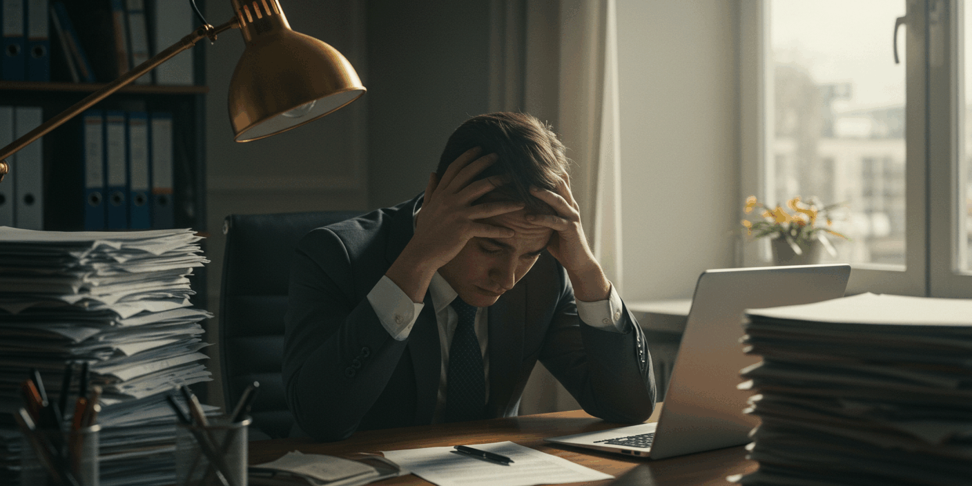 sindrome-de-burnout-justica-do-trabalho Trabalhador de escritório com expressão de cansaço extremo, sentado à mesa com papéis espalhados, representando a síndrome de burnout e seu impacto no ambiente de trabalho.