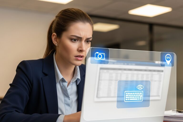 monitoramento-digital-no-trabalho Trabalhador preocupado com monitoramento digital e privacidade no trabalho