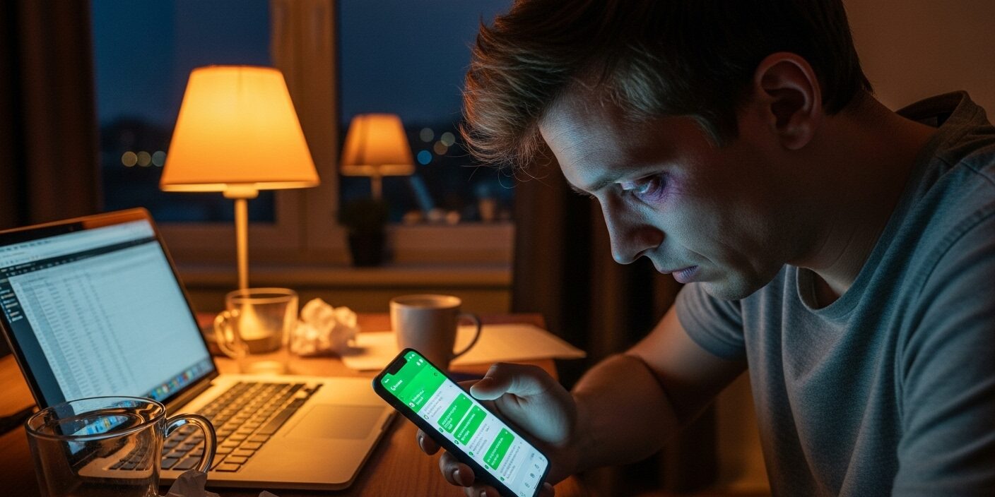 sobreaviso-whatsapp-mensagens Trabalhador cansado verificando mensagens no WhatsApp fora do expediente, representando sobreaviso.